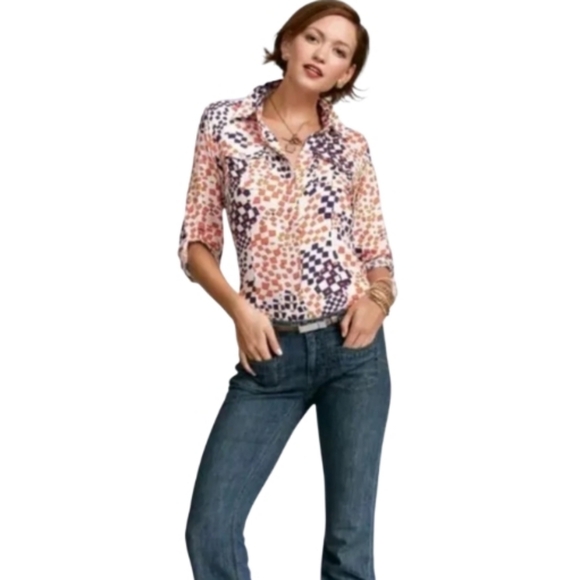 CAbi Navy Orange Geometric Print 3/4 Sleeve Button Up Shirt Size M. - Picture 1 of 15